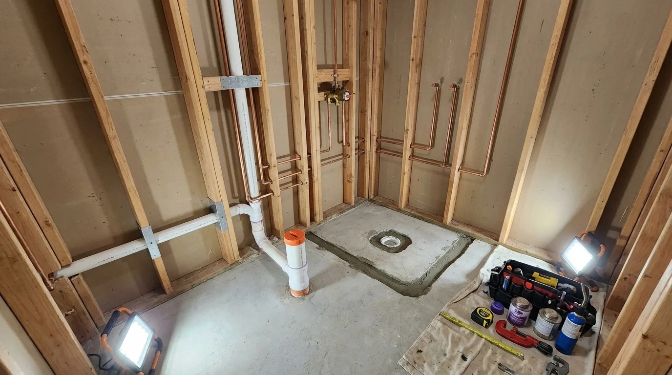 Bathroom rough-in plumbing during remodel by Johns Plumbing LLC in Reese