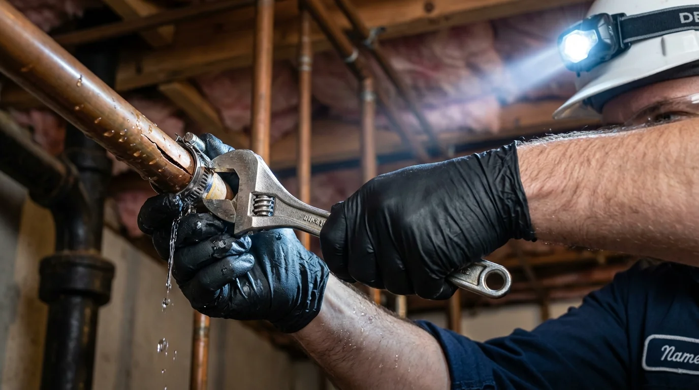 Emergency pipe clamp repair being performed by a Johns Plumbing LLC plumber in Reese