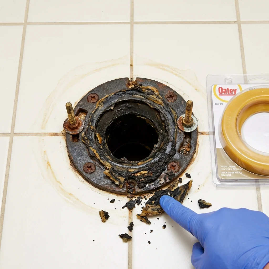 Failed wax ring showing water seepage at the base of a toilet in a Reese, MI home