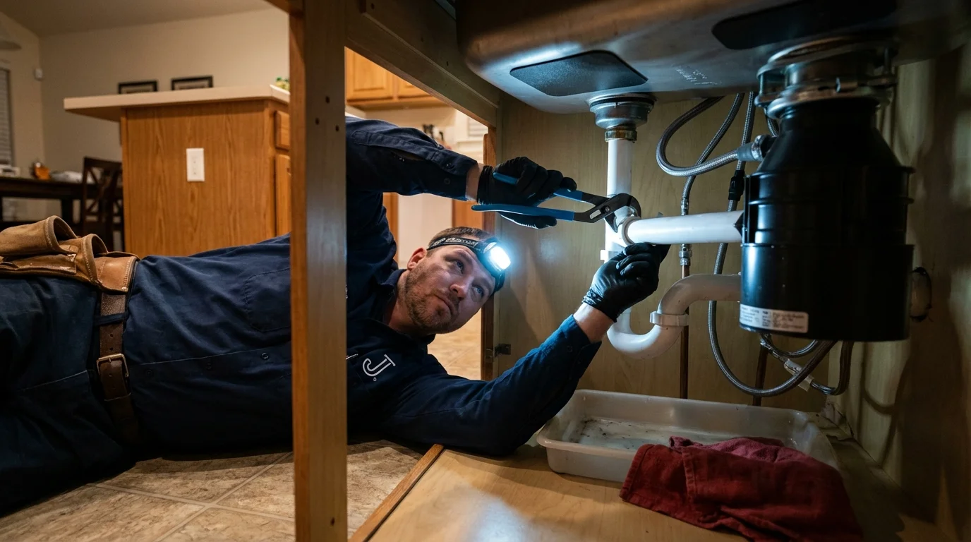 P-trap and supply line connections under a kitchen sink showing a common leak point in Reese, MI